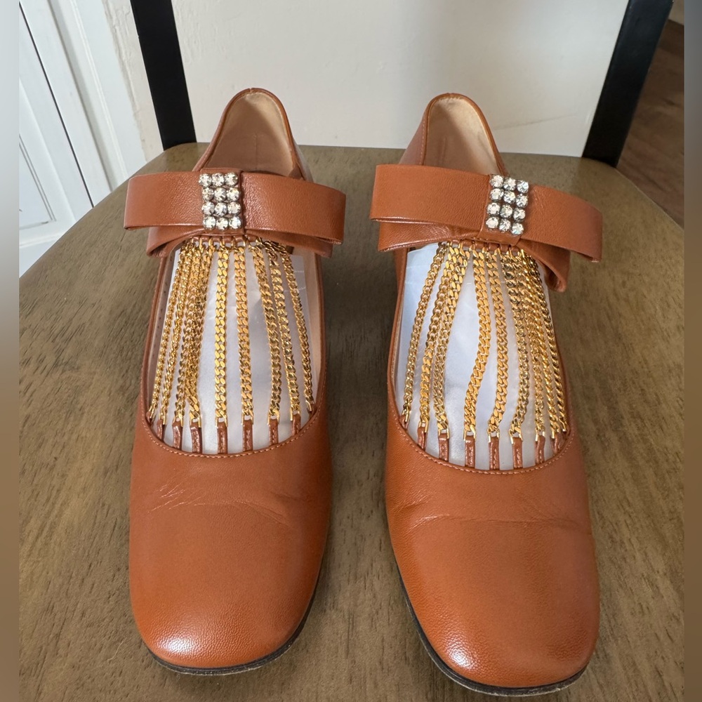 Gucci Brown Bonny Bow Crystal Chain leather Pumps Woman 37 w/ shoe bag - NO BOX - Picture 2 of 16